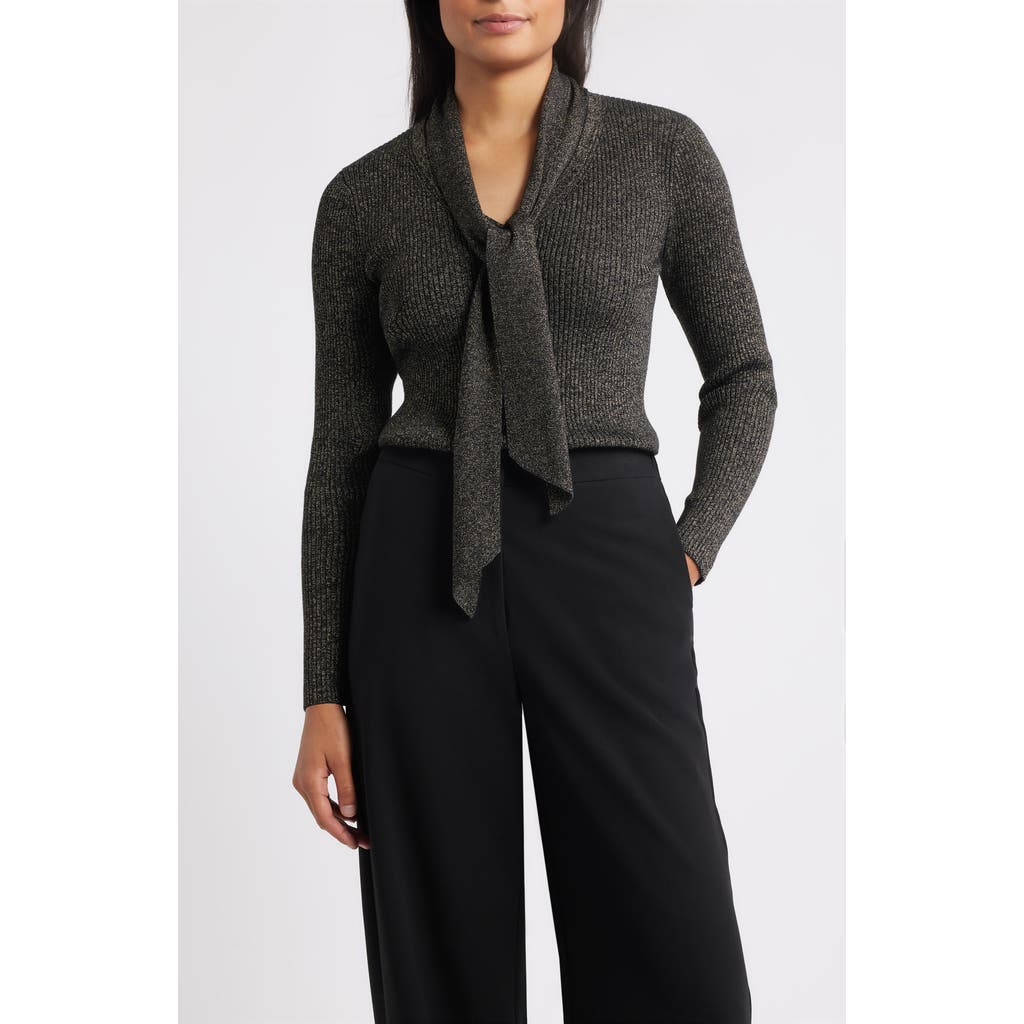 Anne Klein Tie Neck Rib Sweater In Gray