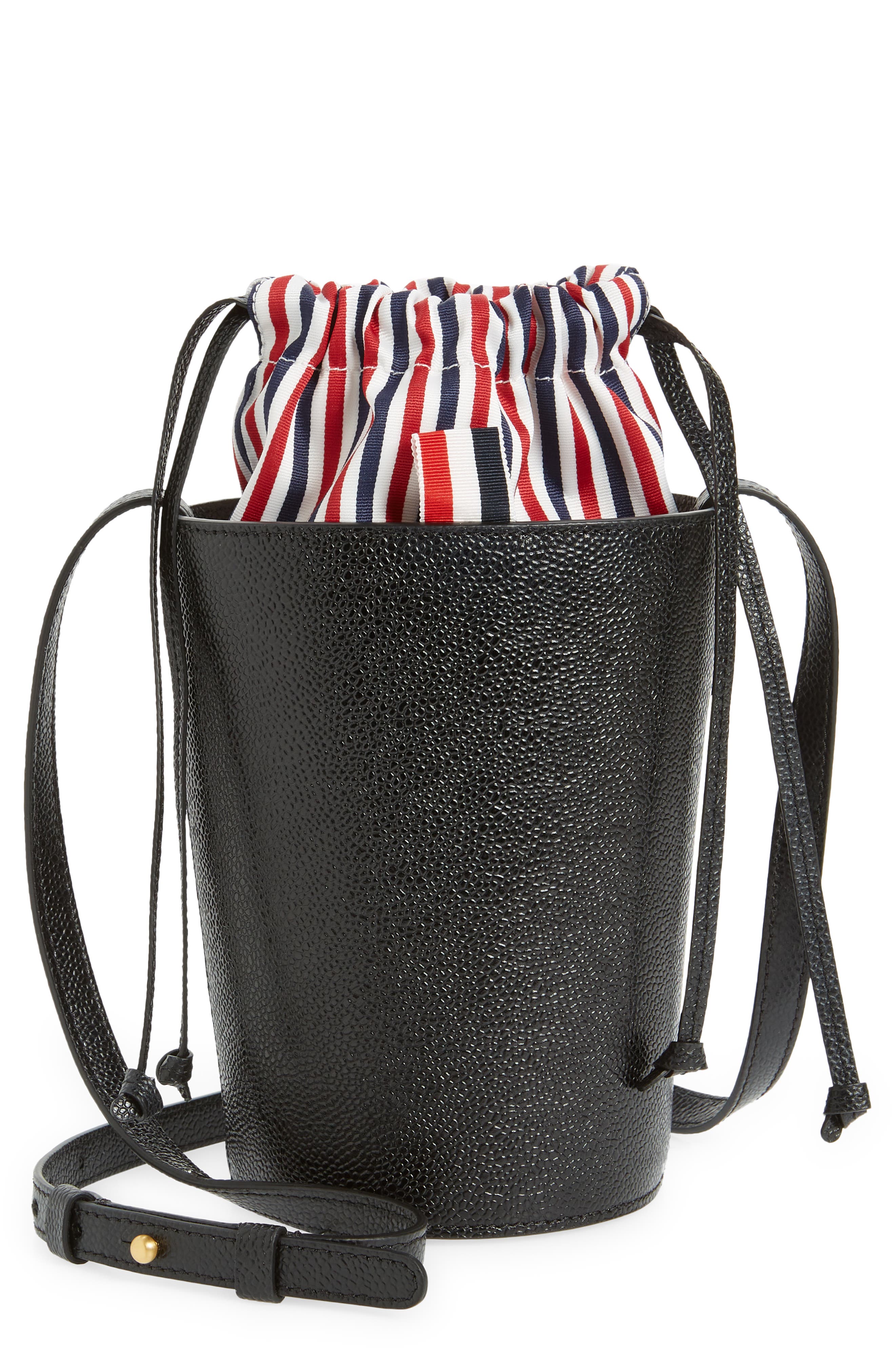 Thom Browne Mini Calfskin Leather Bucket Bag, Main, color, 