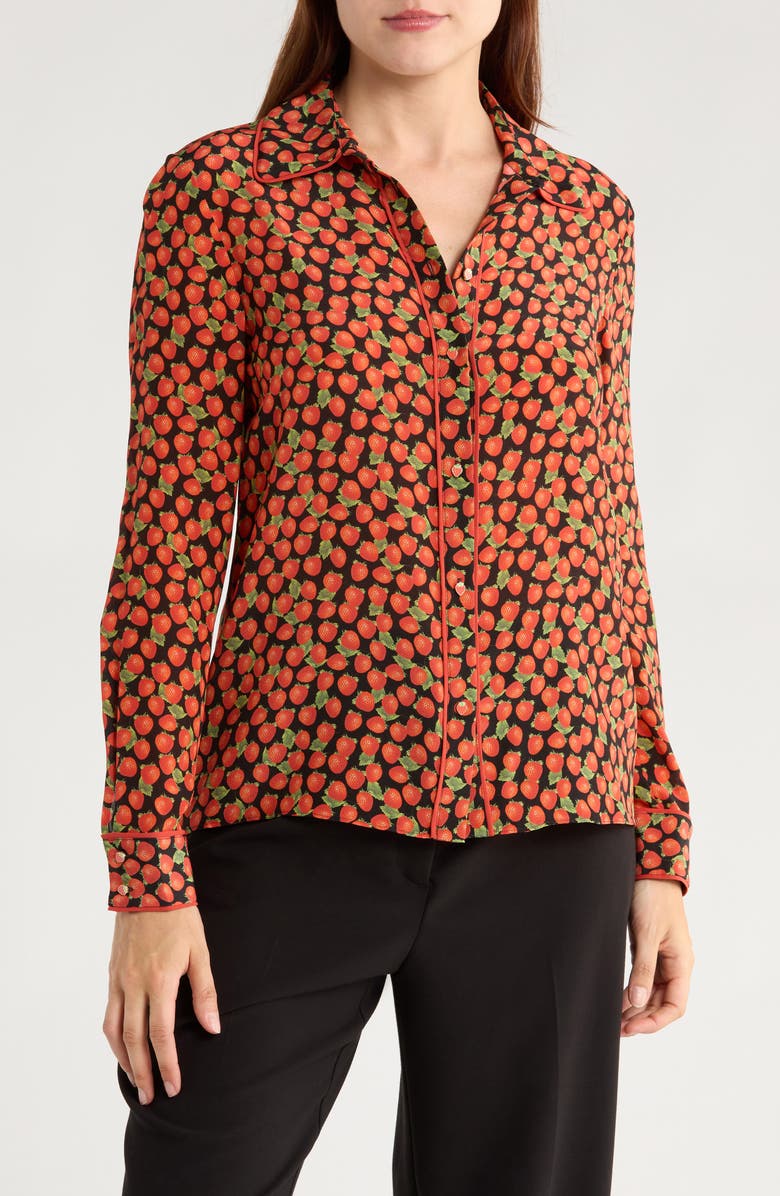 Alice + Olivia Willa Long Sleeve Silk Button-Up Shirt, Main, color, Strawberry Jam Black