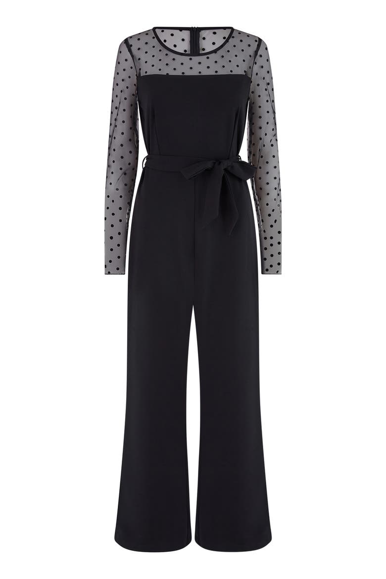 Black Spot Mesh Stretch Jumpsuit, Alternate, color, Black