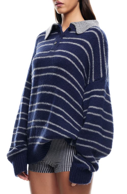 Shop Lioness Rising Sun Stripe Polo Sweater In Navy