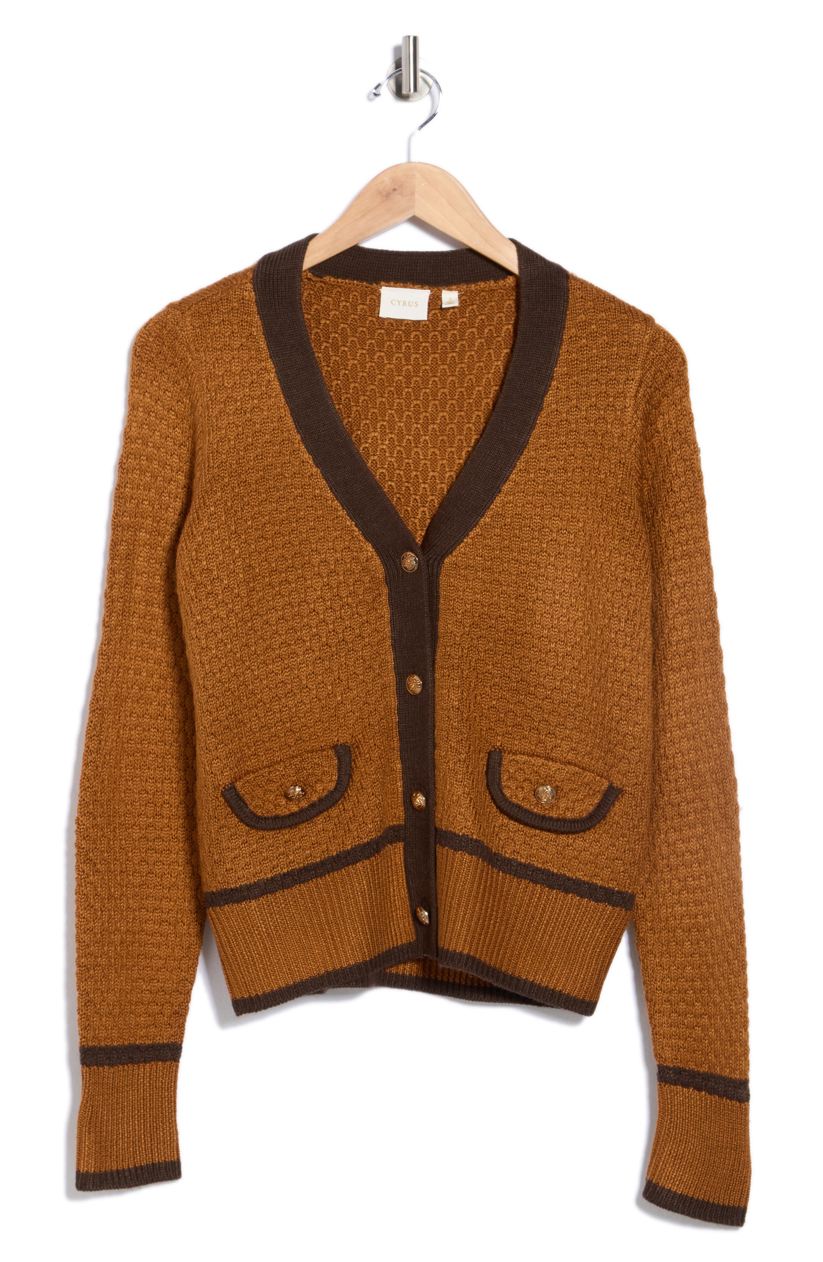 Cyrus Contrast Trim Boyfriend Cardigan In Brown
