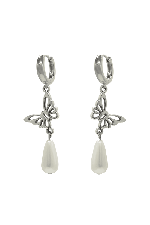 Velvet Luna Pearl Earrings With Butterfly Charm In Silver