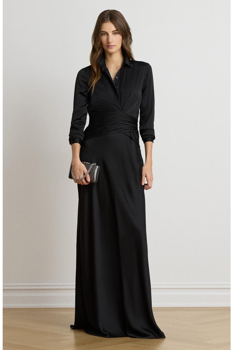 Featherweight Satin Charmeuse Shirtdress Gown, Alternate, color, BLACK