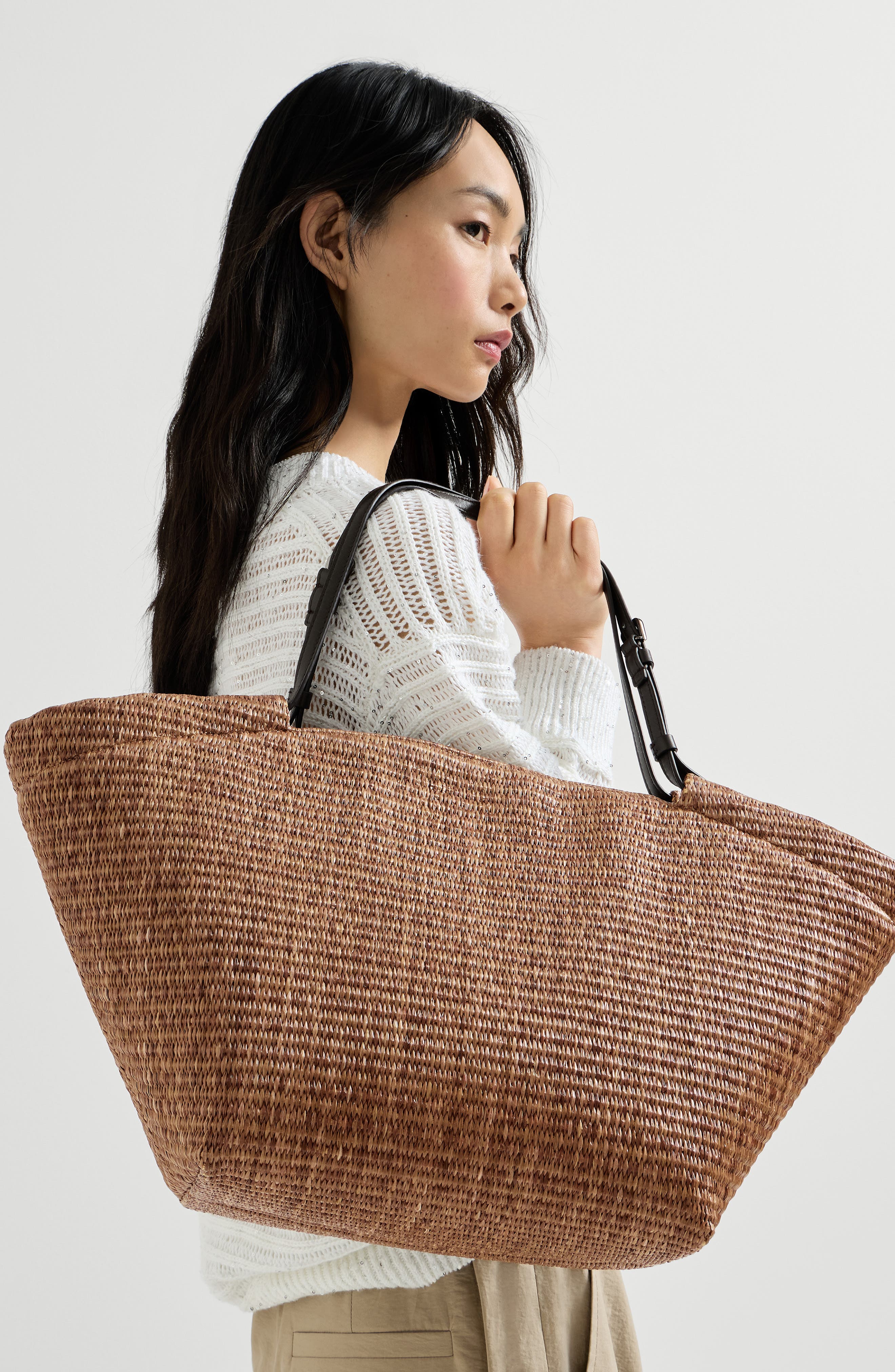 Brunello Cucinelli Raffia large panier shopper, Alternate, color, Light Brown