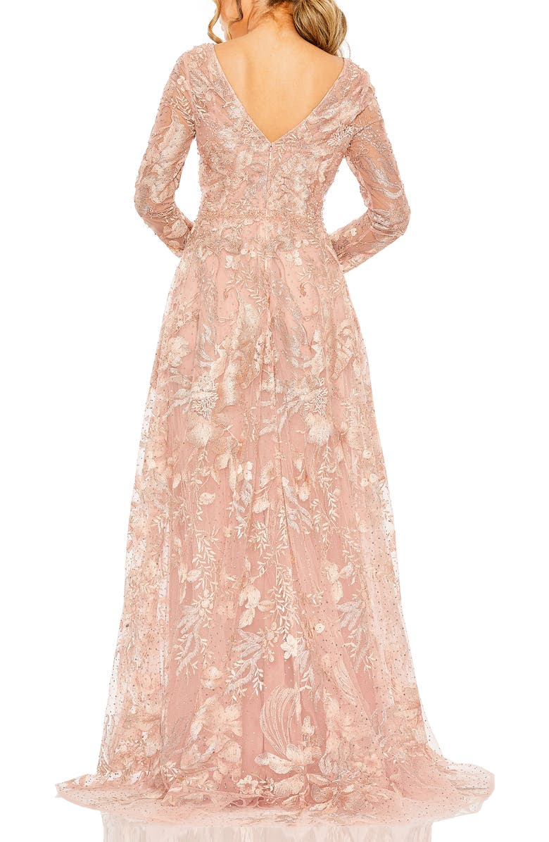 Mac Duggal Embellished Long Sleeve V Neck A Line Gown, Alternate, color, Dusty Rose