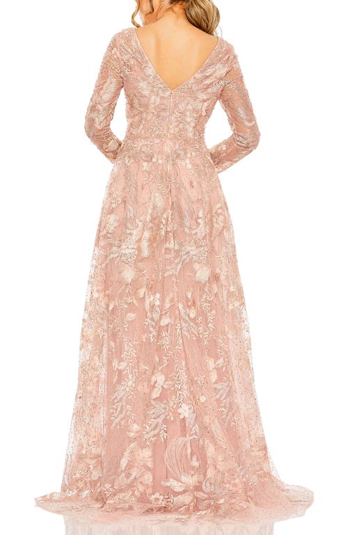 Mac Duggal Embellished Long Sleeve V Neck A Line Gown In Dusty Rose