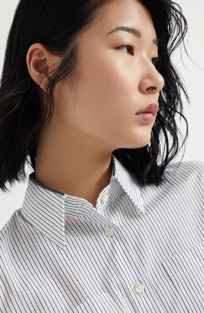Brunello Cucinelli Cotton and silk chalk stripe poplin shirt with shiny collar detail, Alternate, color, 