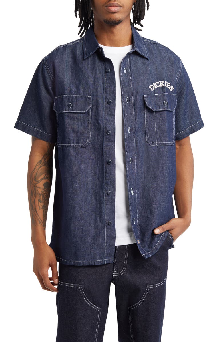 Dickies Beavertown Short Sleeve Chambray Hemp Blend Button-Up Shirt, Main, color, 