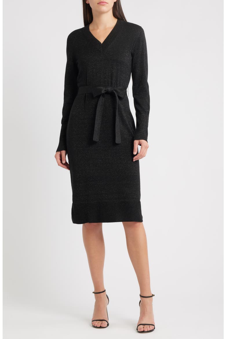 Russel Metallic Long Sleeve Sweater Dress, Main, color, BLACK