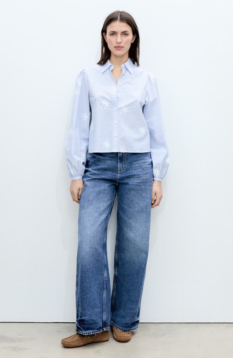 MANGO Flower Embroidered Stripe Shirt, Alternate, color, Sky Blue