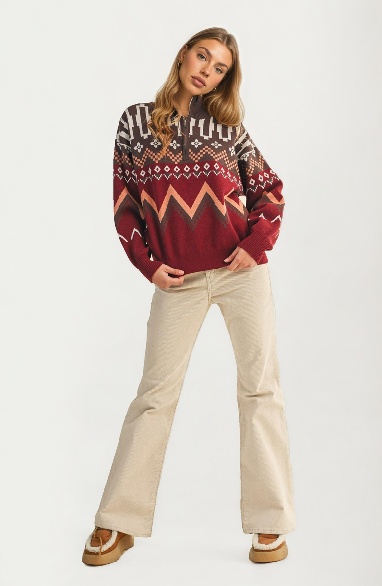 Knit and Lounge Half-Zip Geometric Sweater, Alternate, color, Rust / Terracotta
