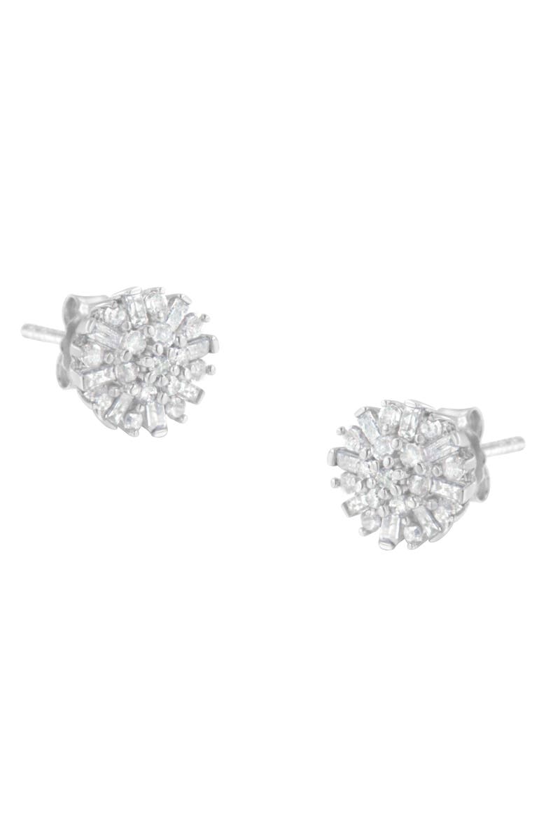 Haus of Brilliance Silver 1/2 Round and Baguette Diamond Sunburst Floral Cluster Stud Earrings, Main, color, White