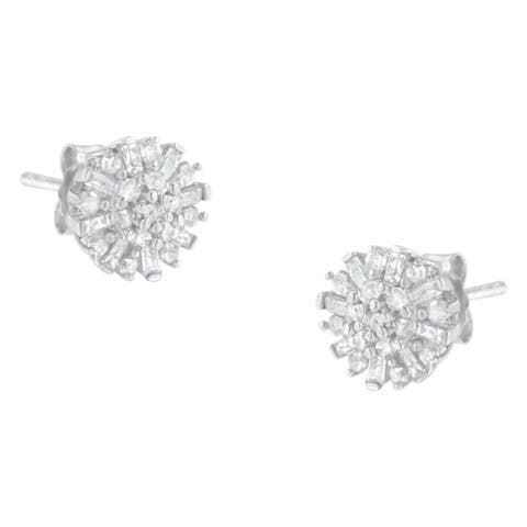 Silver 1/2 Round and Baguette Diamond Sunburst Floral Cluster Stud Earrings