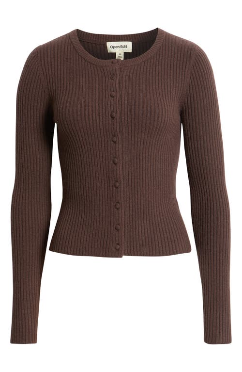 Open Edit Ribbed Crewneck Cardigan In Brown