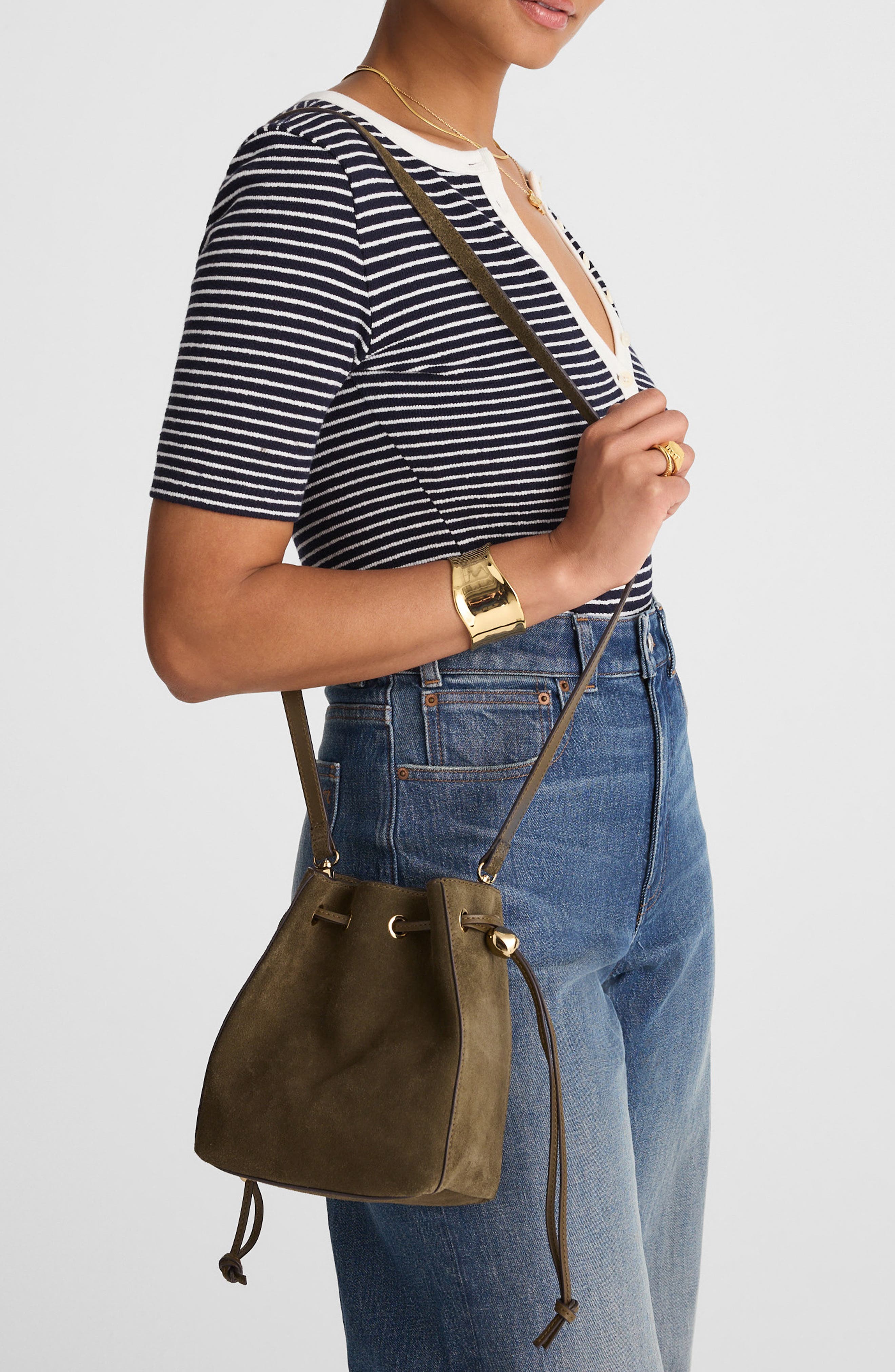 Madewell Suede Bucket Crossbody Bag, Alternate, color, Dried Acorn