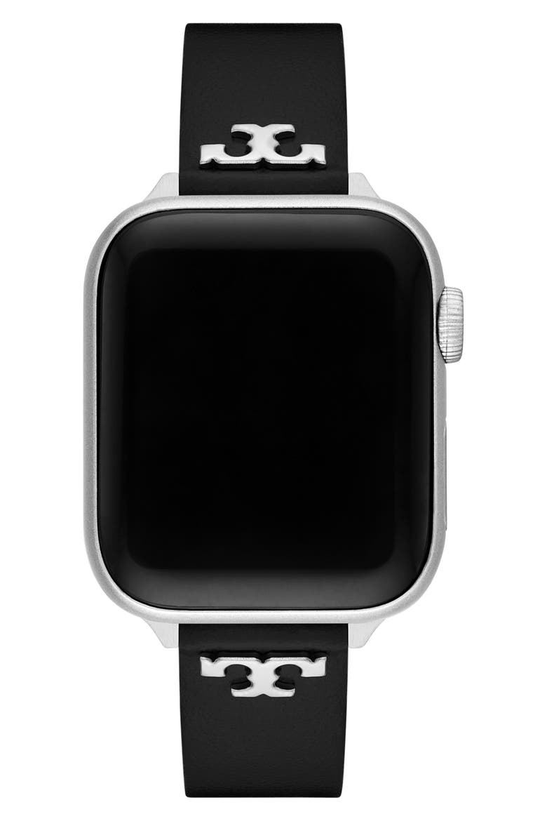 The 'T' Leather 14mm Apple Watch® Watchband, Alternate, color, BLACK