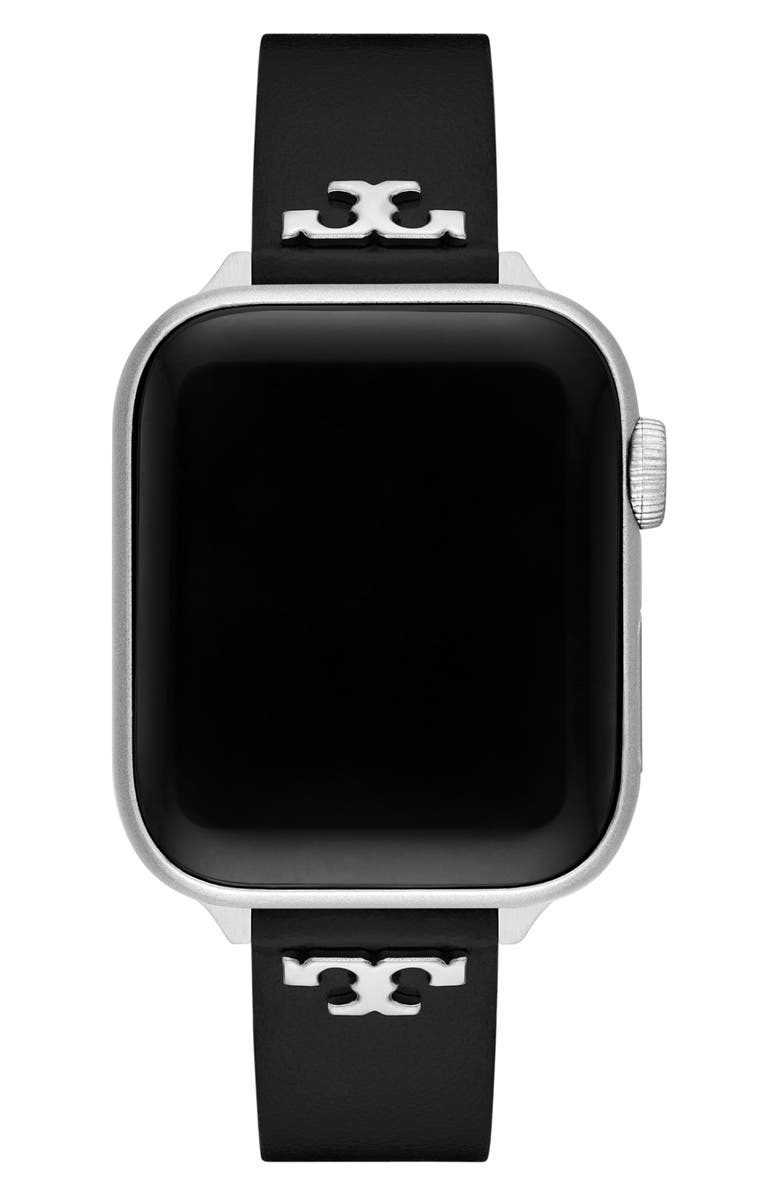 Tory Burch The 'T' Leather 14mm Apple Watch<sup>®</sup> Watchband, Alternate, color, Black