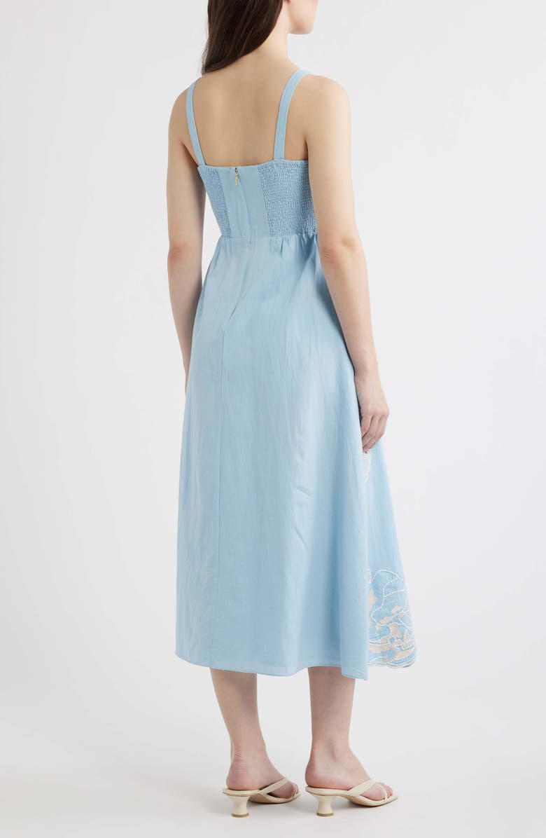 Cleobella Placed Floral Embroidery Cotton & Linen Chambray Sundress, Alternate, color, Glacier Lake