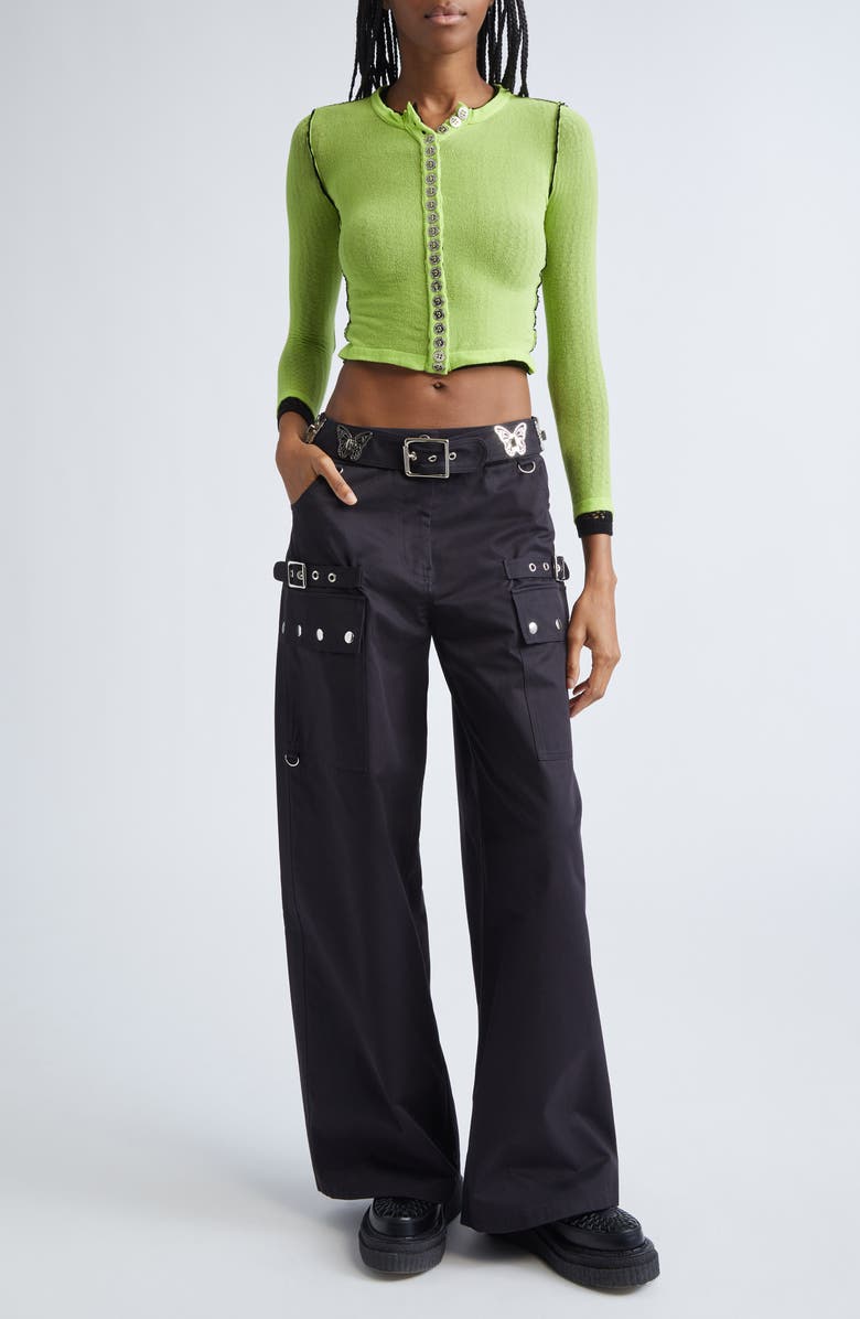 Chopova Lowena Fishnet Layered Crop Cardigan, Alternate, color, Black And Yellow