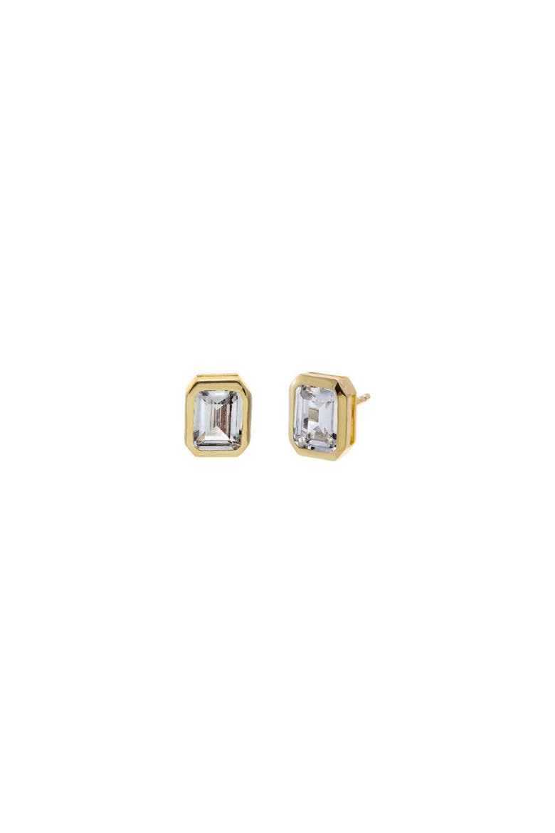 CZ Emerald Cut Bezel Set Stud Earring, Main, color, Gold