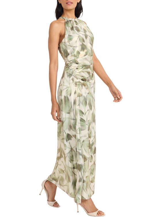 Maggy London Ruched Halter Neck Satin Gown In Ivory/green