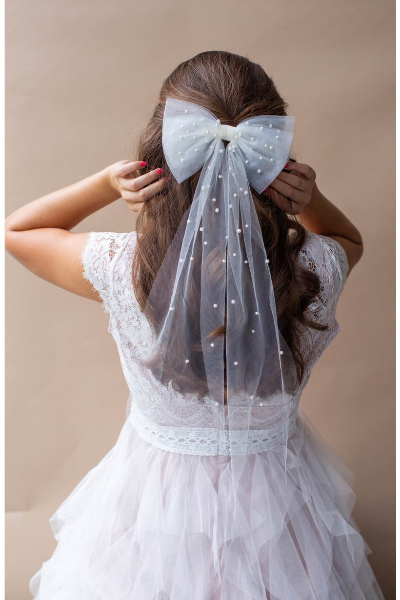 Aluma Faux Pearl Tulle Bow, Alternate, color, IVORY