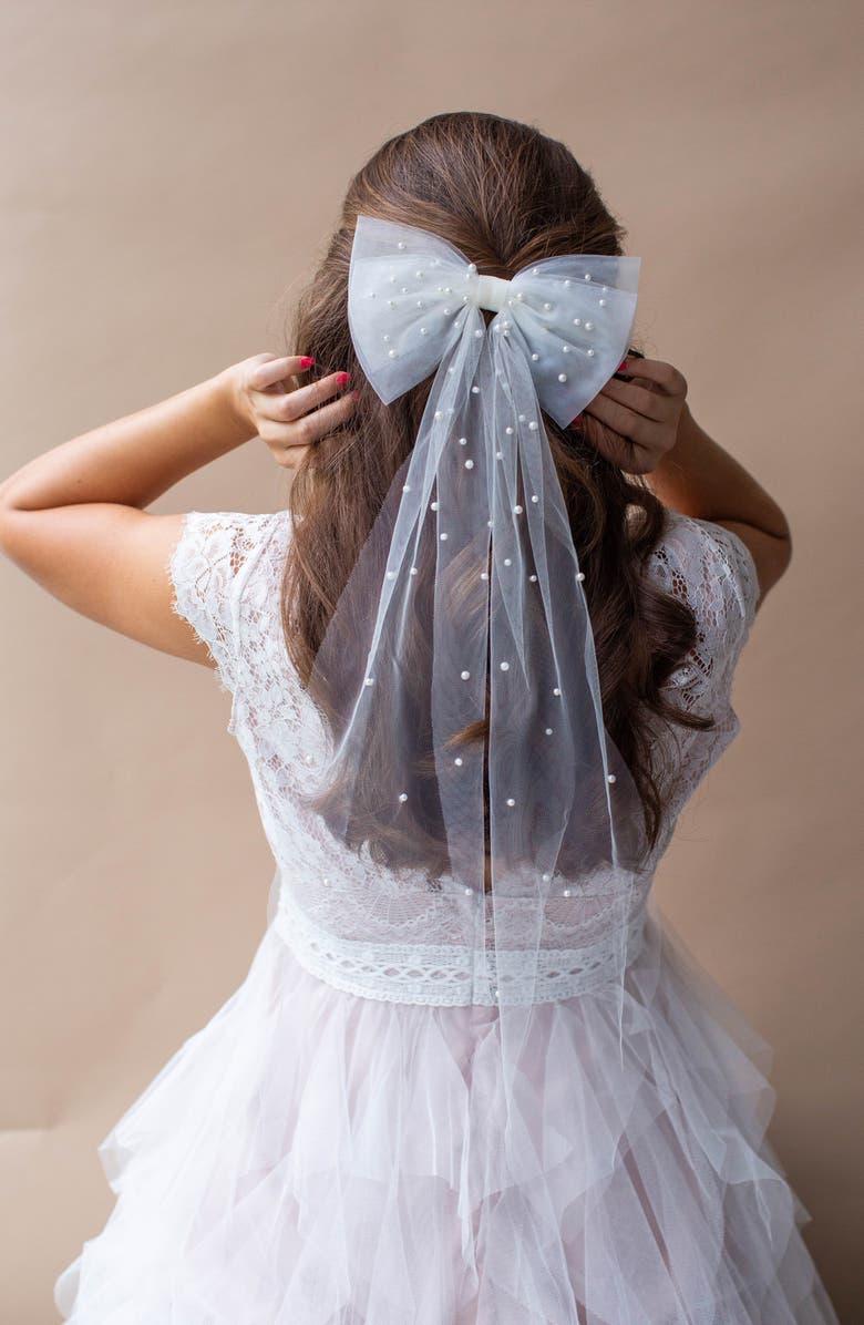 Brides & Hairpins Aluma Faux Pearl Tulle Bow, Alternate, color, Ivory
