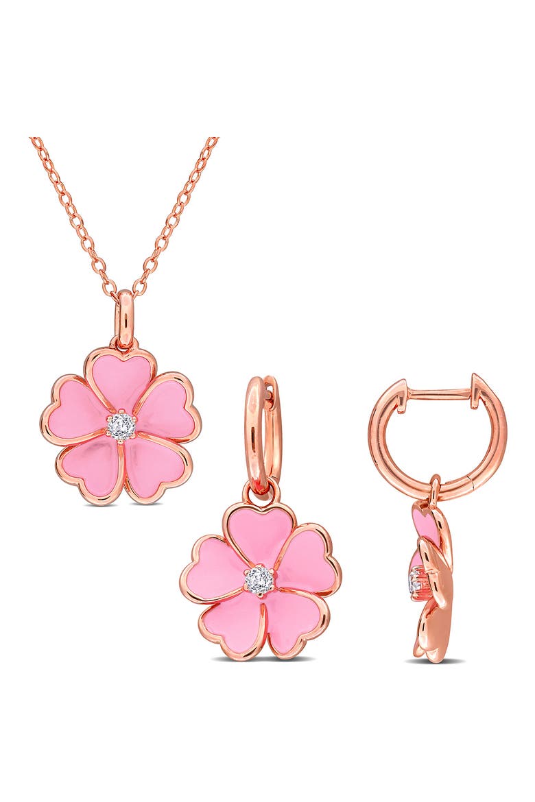 White Topaz & Enamel Flower Drop Earrings & Necklace Set, Main, color, PINK