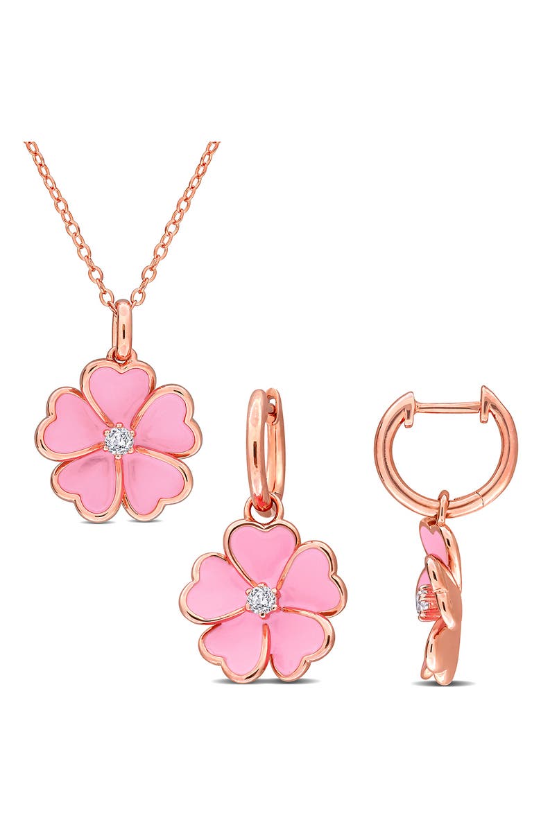 DELMAR White Topaz & Enamel Flower Drop Earrings & Necklace Set, Main, color, Pink