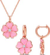 DELMAR White Topaz & Enamel Flower Drop Earrings & Necklace Set