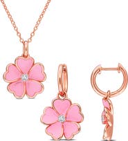 DELMAR White Topaz & Enamel Flower Drop Earrings & Necklace Set