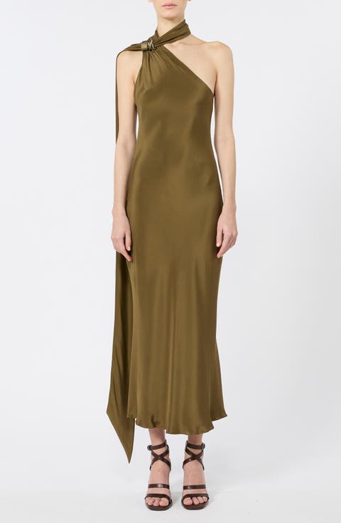 Evasto Scarf Neck One Shoulder Silk Satin Evening Dress