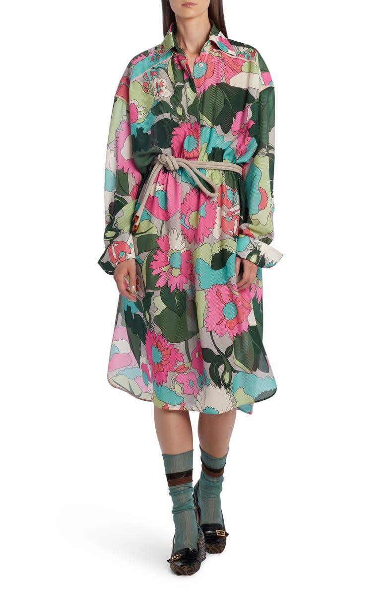 Fendi Floral Long Sleeve Silk Shirtdress, Main, color,