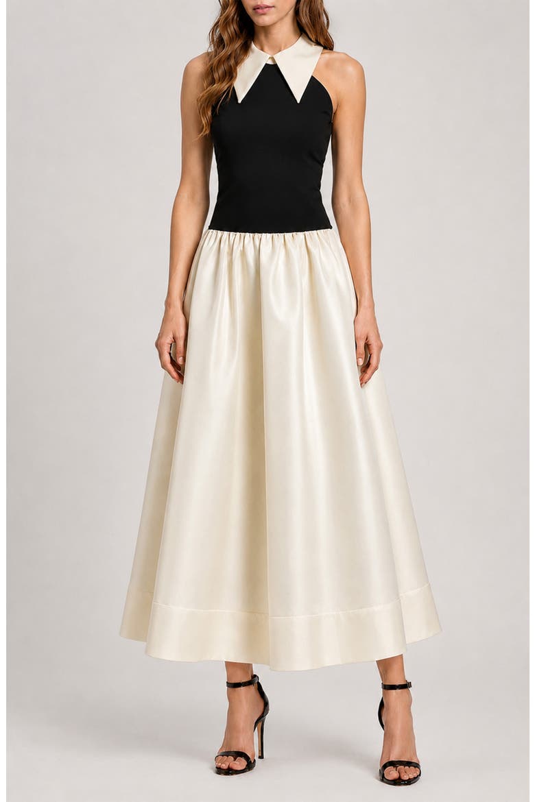 Colby Colorblock Mixed Media Halter Maxi Dress, Main, color, BLACK/ CREAM