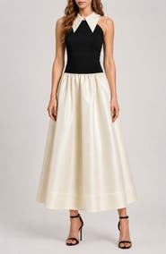 BY DESIGN Colby Colorblock Mixed Media Halter Maxi Dress