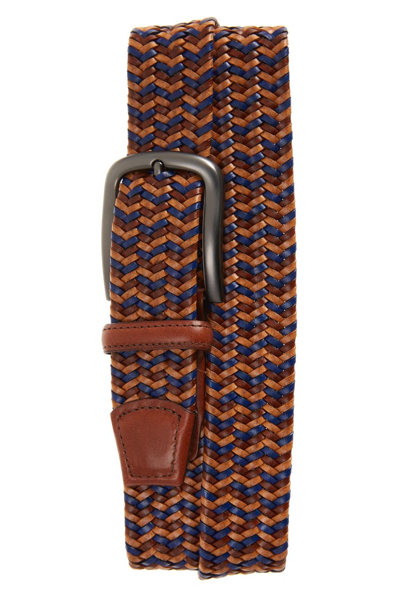 Braided Leather Belt, Main, color, TAN/ BLUE/ SADDLE