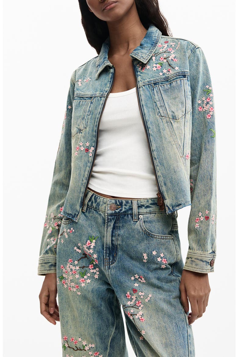 Embroidered Denim Trucker Jacket, Alternate, color, BLUE