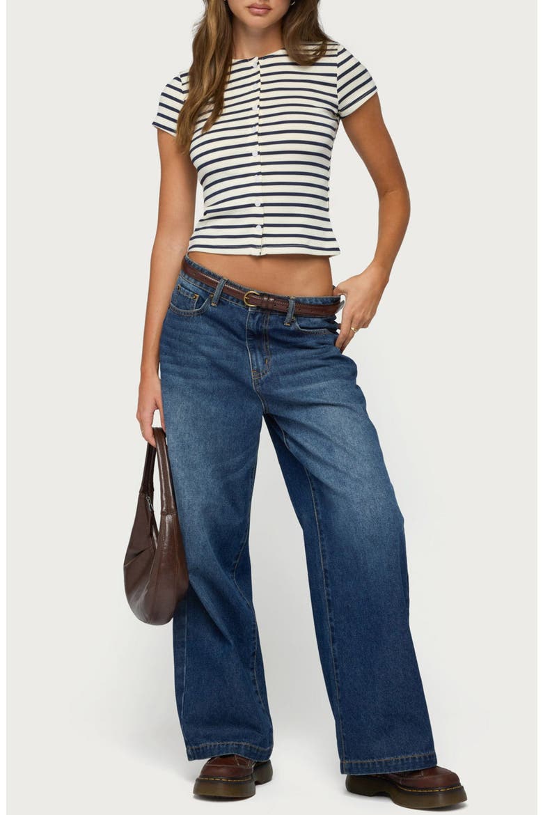 Bonita Stripe Button-Up Crop Top, Alternate, color, CREAM-AND-NAVY