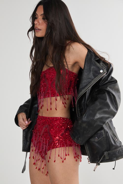 Nasty Gal Embellished Tassel Beaded Booty Shorts In Red