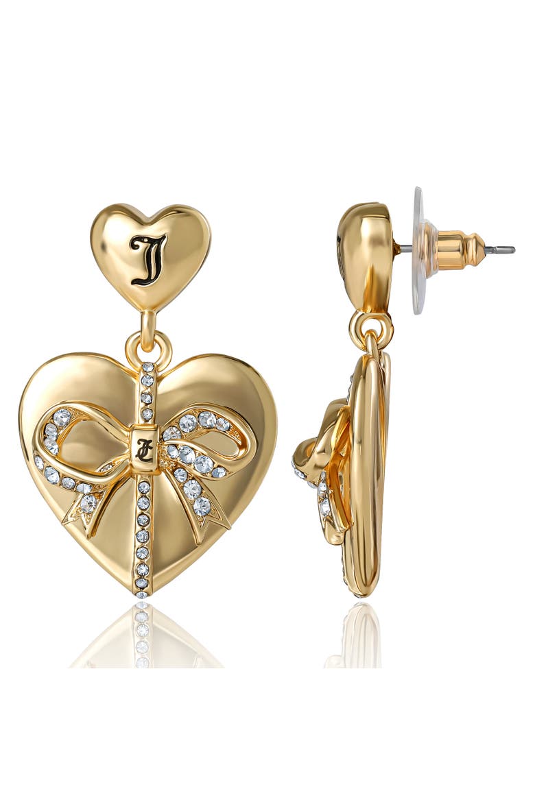 Quilted Double-Heart Drop Earrings, Gold-Tone with Crystal Accents, Alternate, color, Gold Tone