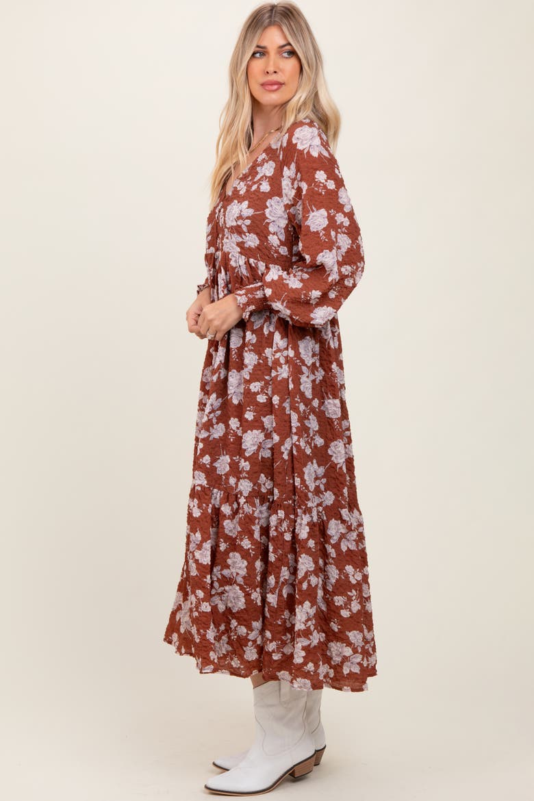 Floral Textured Bubble Sleeve Maxi Dress, Alternate, color, Rust