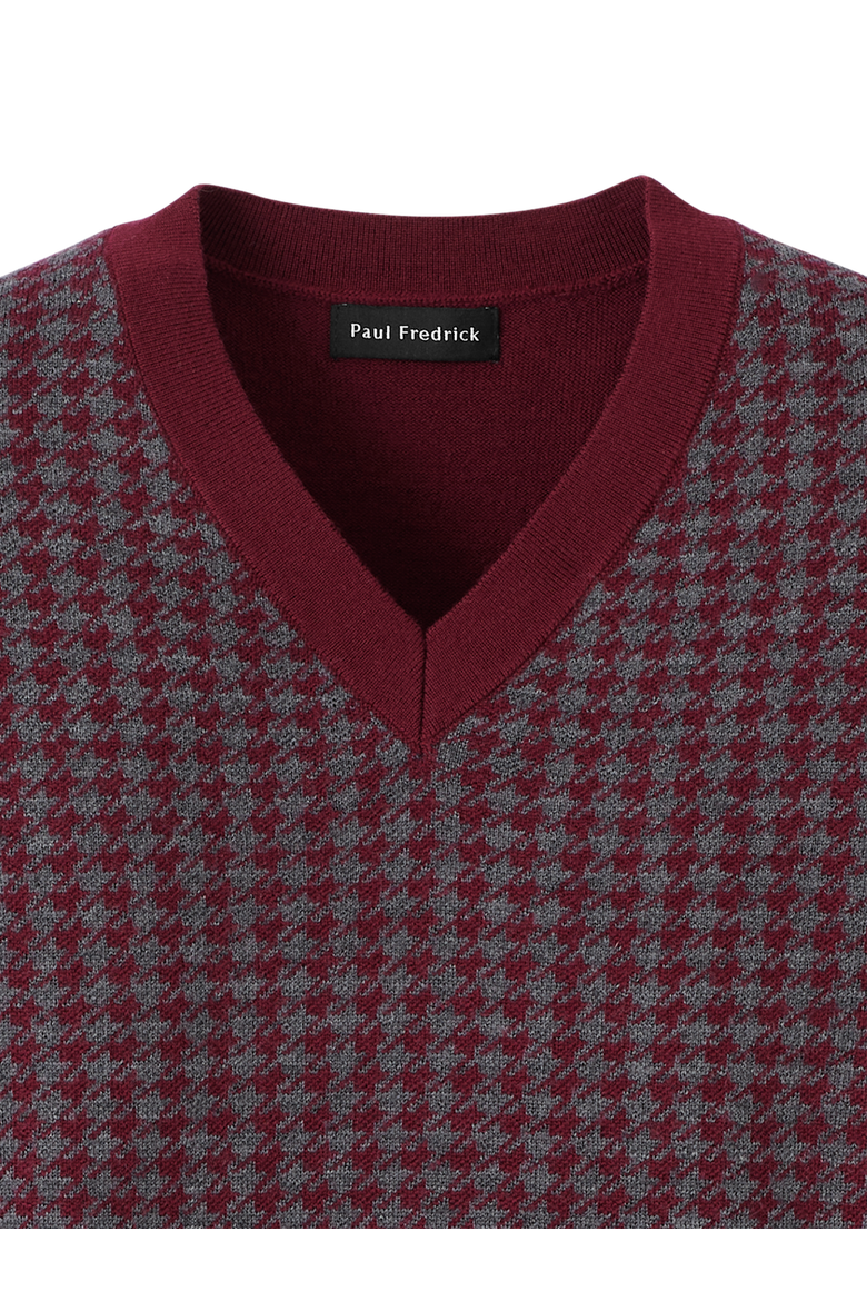 Washable Merino Wool Houndstooth V-neck Sweater, Alternate, color, Burgundy