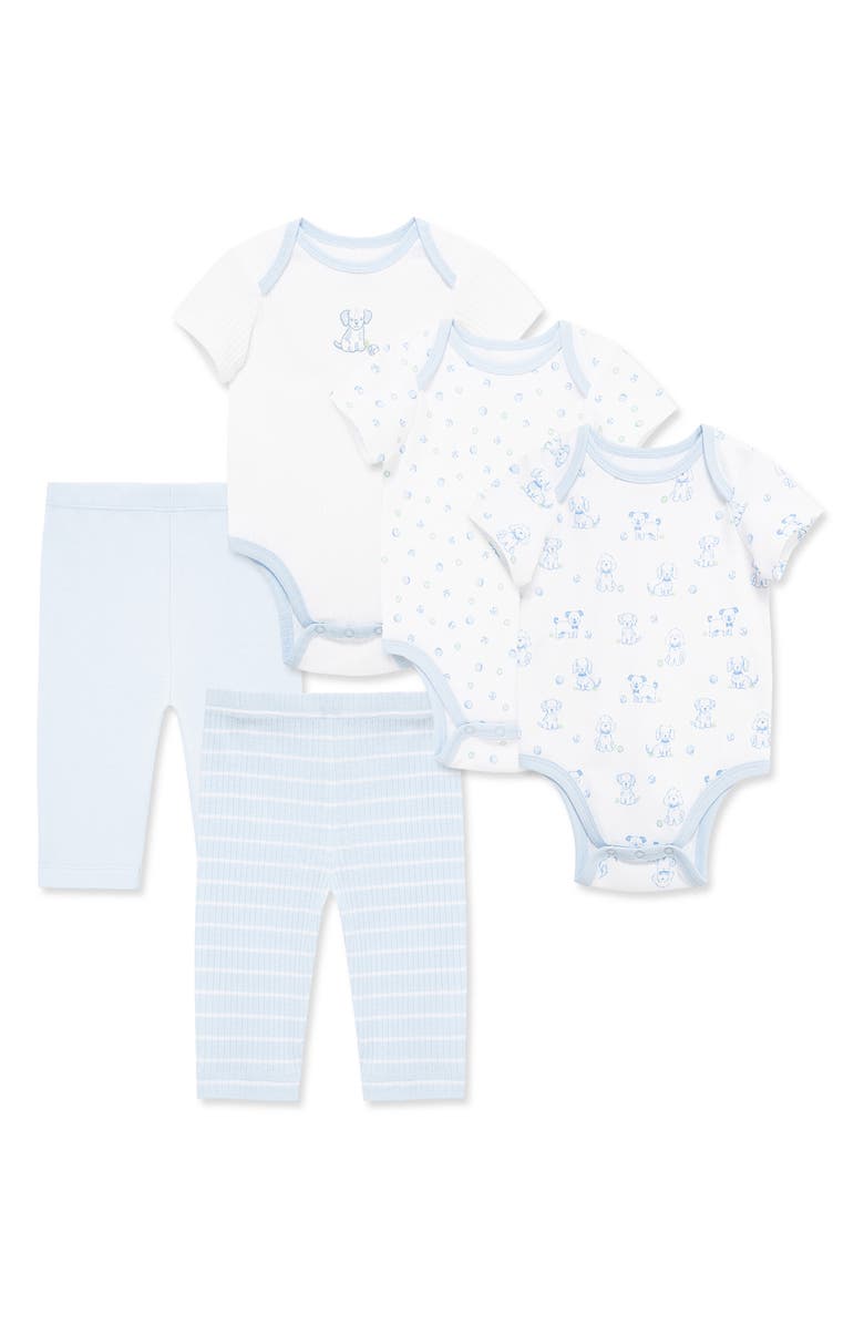 Little Me Puppies 5-Piece Assorted Bodysuits & Pants Set, Main, color, Blue