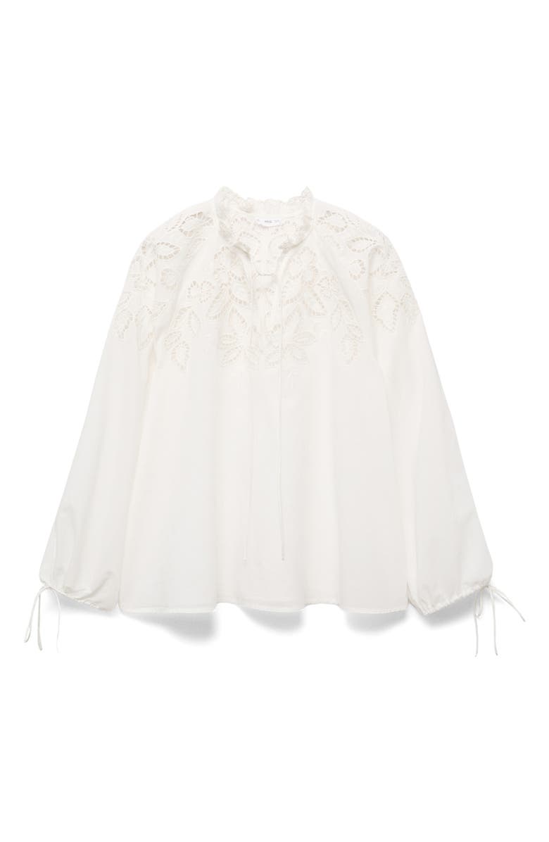 MANGO Embroidered Eyelet Tie Cuff Long Sleeve Top, Alternate, color, Ecru