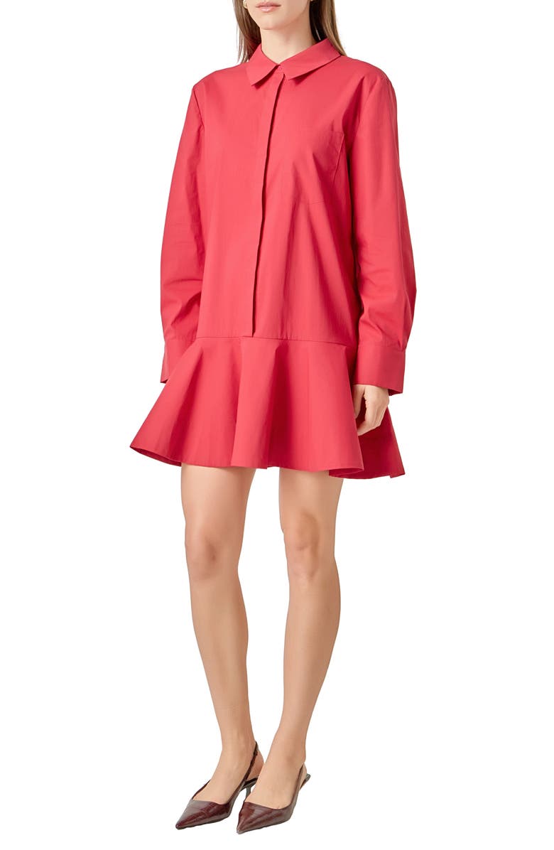 English Factory Ruffle Hem Long Sleeve Mini Shirtdress, Alternate, color, Red