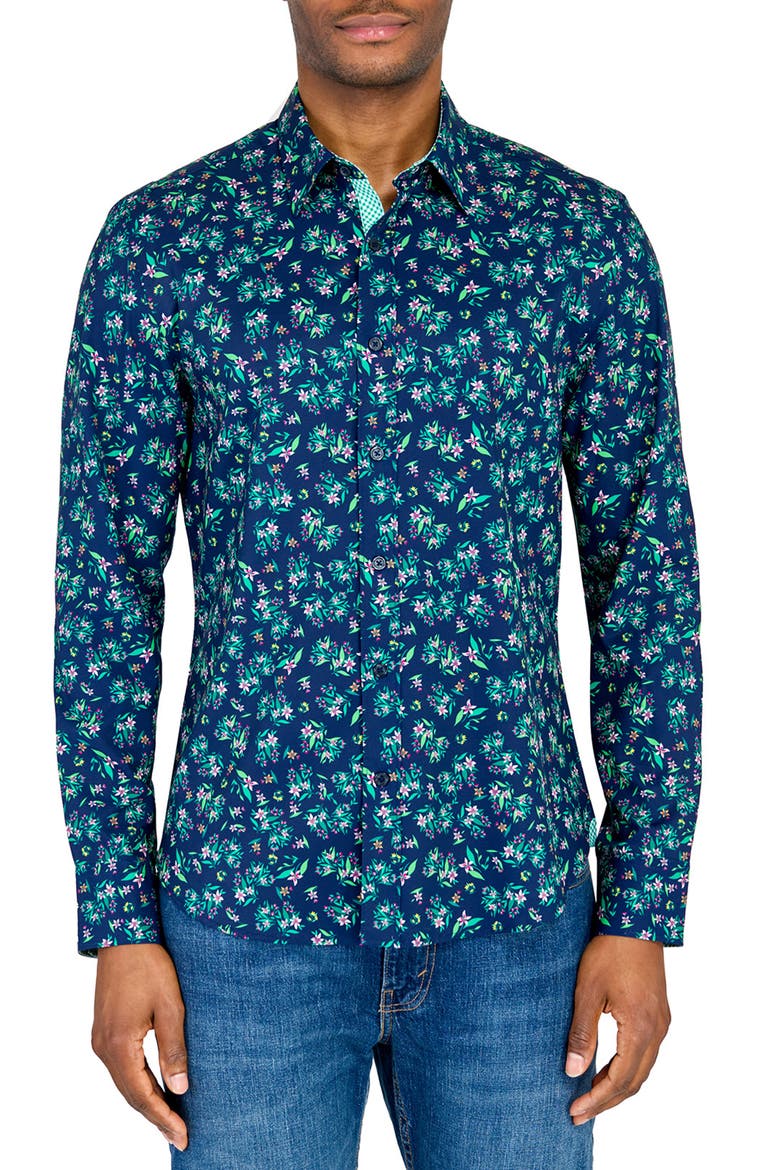 Slim Fit Lily Bouquet Recycled 4-Way Stretch Performance Long Sleeve Shirt, Main, color, NAVY/GREEN