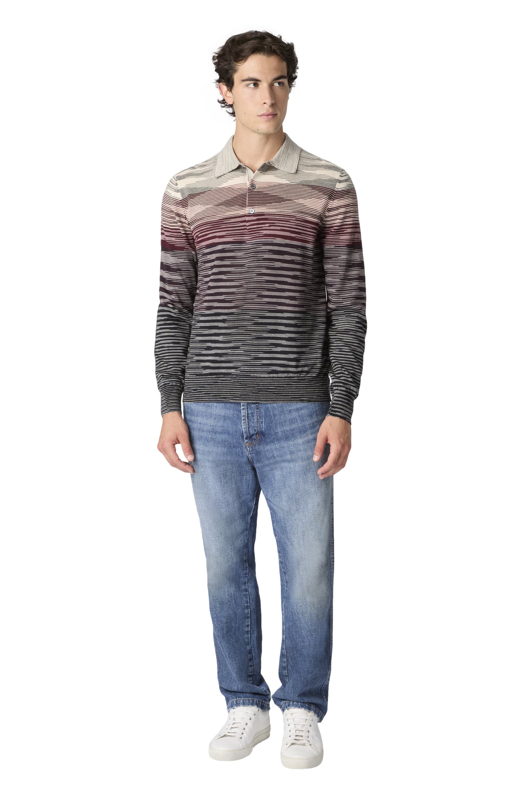 Long Sleeve Polo In Pure Wool With Flame Pattern