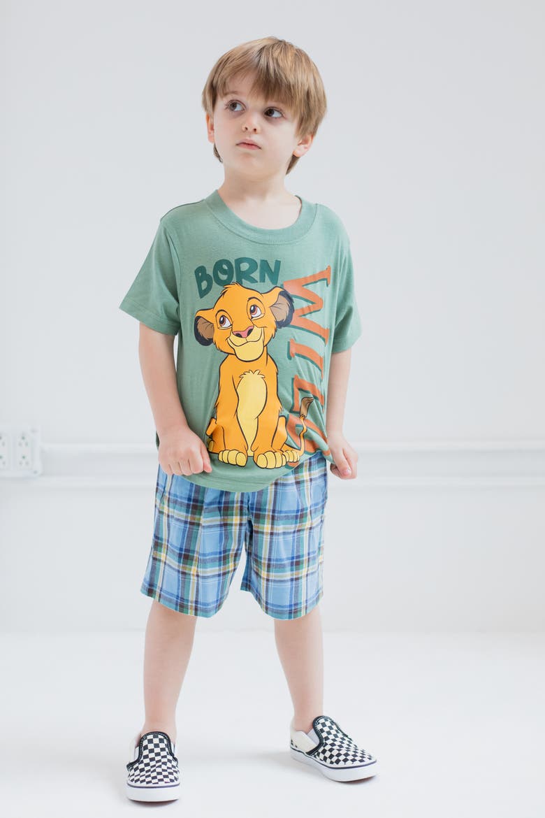 Lion King Simba T-Shirt and Plaid Shorts Set, Alternate, color, Simba Muted Green