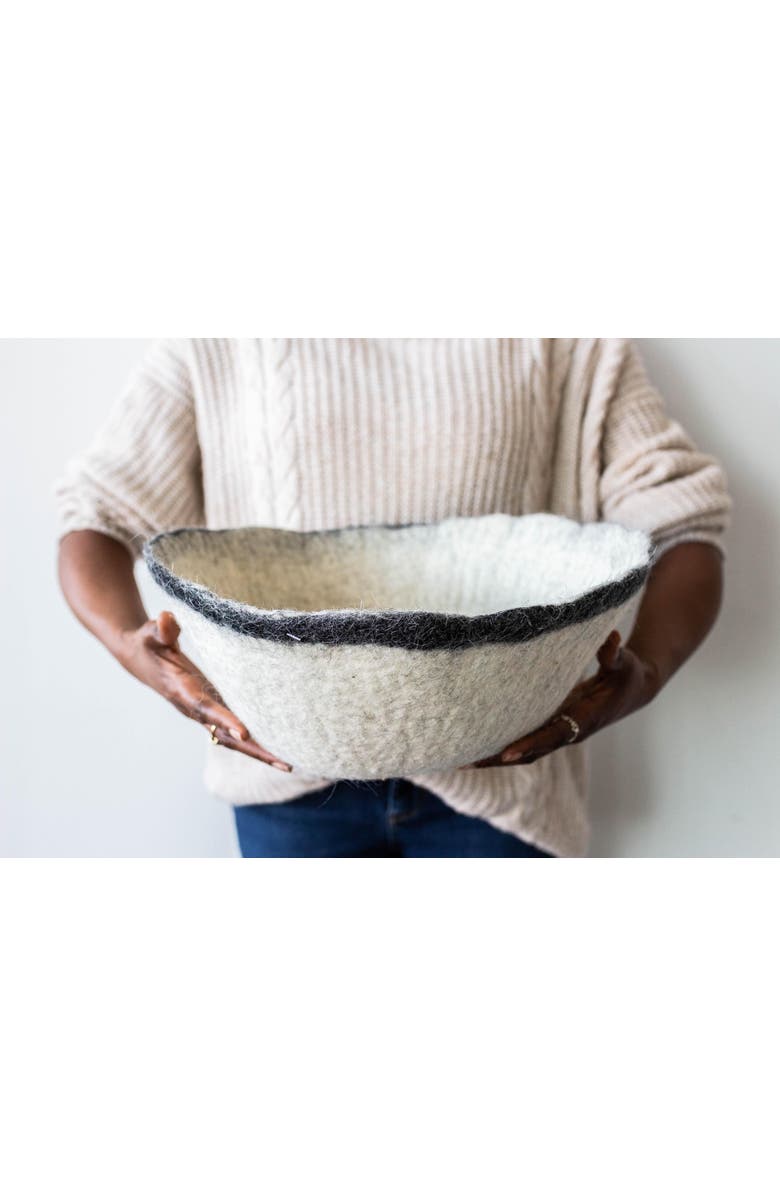 kanju Interiors Orbit Hand-Felted Wool Natural White and Black Bowl, Main, color, Black